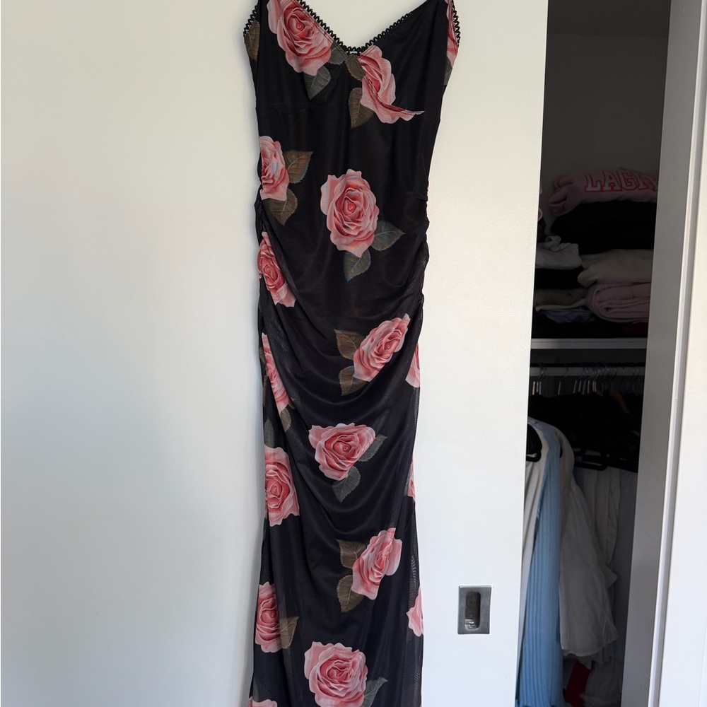 Summer Black Midi Slip Dress with Pink Rose Print